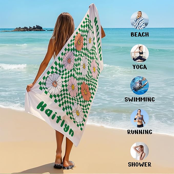 JML Personalized Beach Towel with Name, Custom Flower Beach Towel, Customized Microfiber Pool Towel, Quick Dry & Absorbent Swim Towel for Adult,Mother's Day, Birthday, Summer Holiday,Vacation-StrideForce Fitness
