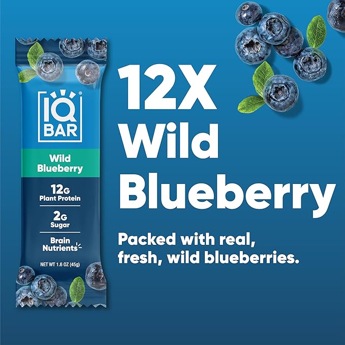 IQBAR Brain and Body Plant Protein Bars - Wild Blueberry - 12-Count Low Carb - Gluten Free, High Fiber, Vegan Snacks - Low Sugar Meal Replacement-StrideForce Fitness