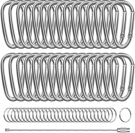 30PCS Aluminum Carabiner Clips, 2" D Shape Spring Snap Hooks Carabiner with 30PCS Keyring Keychain Hook-StrideForce Fitness