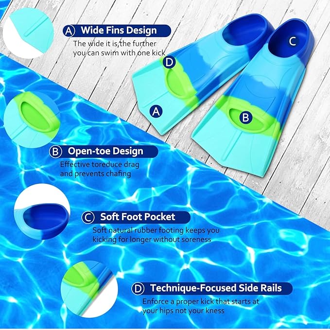 Kids Swim Fins,Short Kids Fins Youth Swimming Flippers for Lap Swimming Training for Children Girls Boys Beginners-StrideForce Fitness