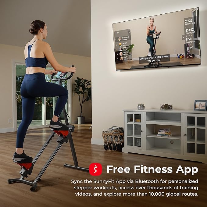 Sunny Health & Fitness Stair Stepper w/Handlebar, Extended Step Range Climber Machine for Legs, Core and Glute Workouts, Connection with Free SunnyFit App-StrideForce Fitness