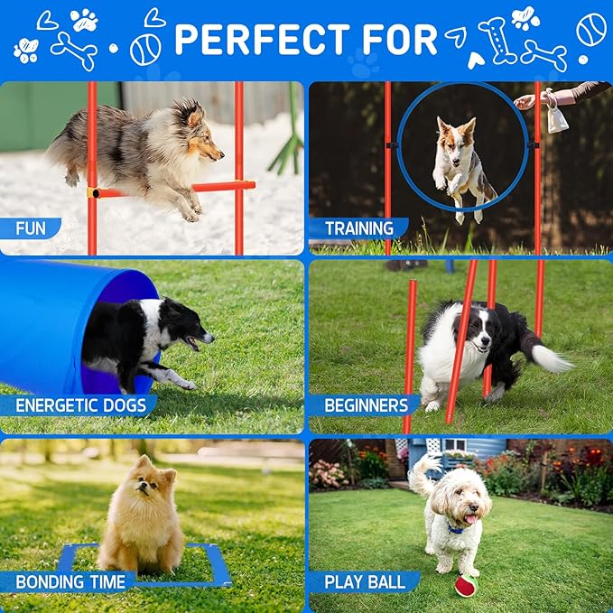 Polar Aurora Dog Agility Equipment, Dog Obstacle Courses Backyard - Pet Outdoor Games w/Adjustable High Jump, Agility Weave Poles, Tunnel, Jumping Ring, Pause Box, 2 Balls,Whistle and Carrying Bag-StrideForce Fitness