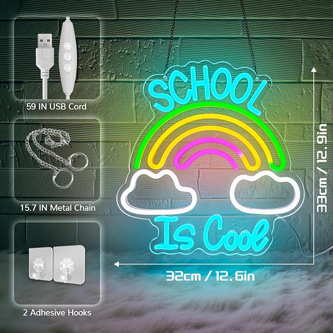 School is Cool Neon Sign,Classroom Neon Sign,Reading Rainbow Sign,USB Powered with Dimmable Switch,Neon Light Sign,Neon Signs for Wall Decor for Classroom,School Led Sign-StrideForce Fitness