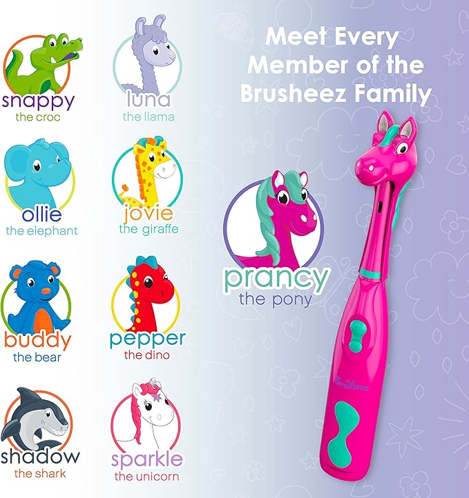 Brusheez Kids’ Electric Toothbrush Set - Safe & Effective for Ages 3+ - Parent Tested & Approved with Gentle Bristles, 2 Brush Heads, Rinse Cup, 2-Minute Timer, & Storage Base (Prancy The Pony)