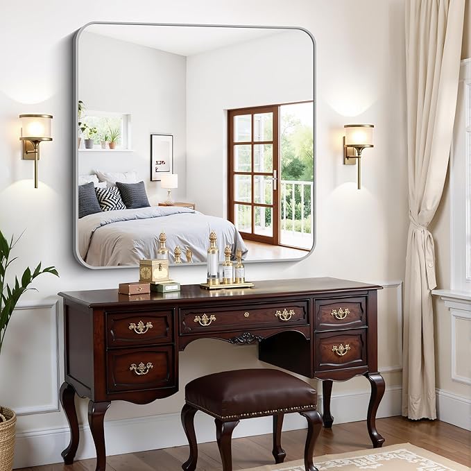 FORBATH 42x42 Inch Silver Bathroom Mirror for Over Sink, Large Square Wall Mirror with Metal Frame, Rounded Corners for Bathroom, Bedroom, Entryway Decor (Horizontal or Vertical)-StrideForce Fitness