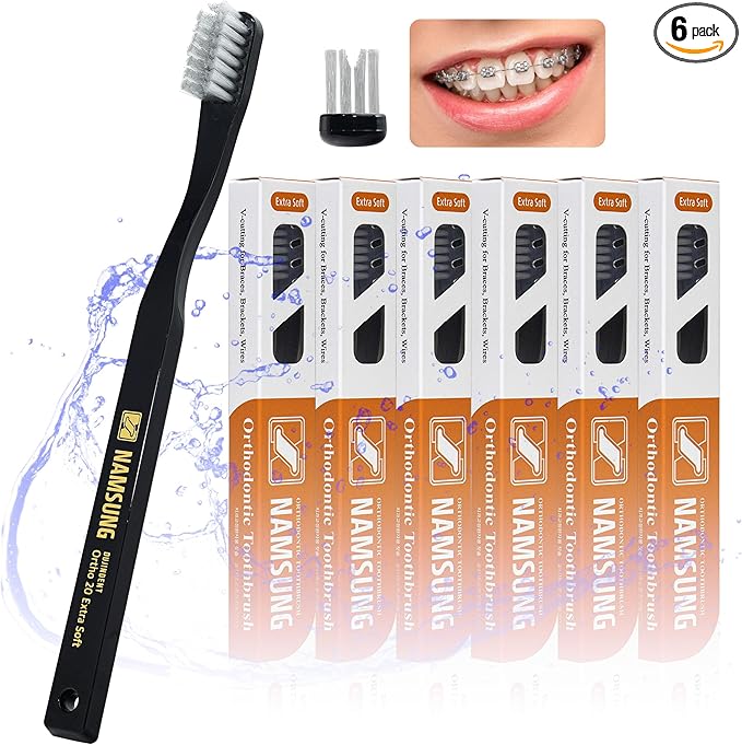 Orthodontic Toothbrush for Braces [6 Packs][Made in Korea] V Trim Cutting American Bristles Braces Toothbrush for Brackets and Wires Cleaning (Ortho Compact 20 Extra Soft, 6 Pack)