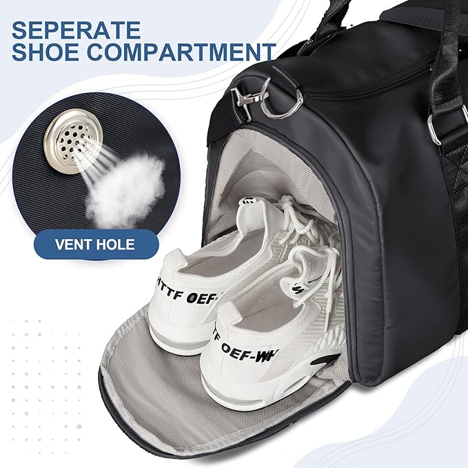 FIORETTO Womens Gym Tote Duffle Bag with Wet Pocket & Shoe Compartment, Sports Duffel Overnight Weekender Hospital Workout Carry on Bag for Girls, Ideal for Travel, Swimming, Dance, Ballet Black-StrideForce Fitness