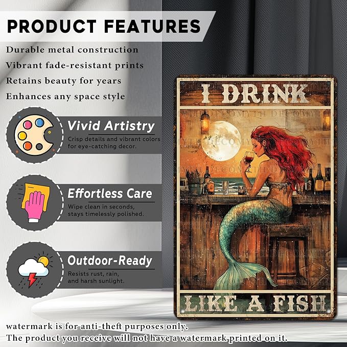 Vintage Mermaid Tin Sign I Drink Like A Fish Retro Wall Decor Decorations for Home Funny Wine Lover Nostalgic Metal Poster Indoor Store Cafe Toilet Kitchen Garden Bar Pubs Man cave 12 * 8inch-StrideForce Fitness