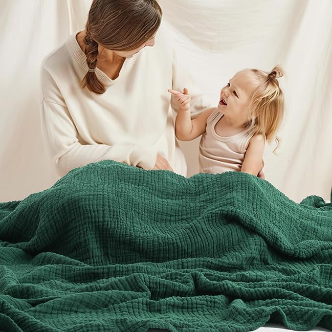 Carriediosa 100% Cotton Muslin Throw Blanket 50" X 70" Throw XL Size，4-Layers Summer Gauze Throws for Bed Couch，Soft Lightweight Breathable Linen Blankets Bedspread for Adults All Season，Dark Green-StrideForce Fitness