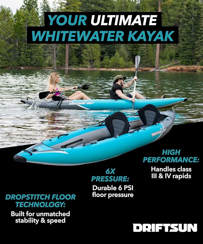 Driftsun Rover Inflatable Kayak - White Water Kayaks for 1 and 2 Person, High Pressure Dropstitch Floor Kayak for Adults with Padded Seats-StrideForce Fitness