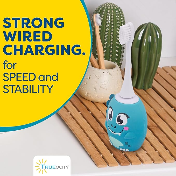 Trueocity Kids U Shape Toothbrush Auto Electric Toddler Rechargeable Kids Automatic Toothbrush | 360° U-Shaped Silicone Brush Head | Gentle Cleaning for Ages 2–7| Dinosaur Design (Blue)