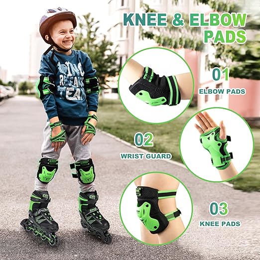 2PM SPORTS Knee Pads for Kids, Wrist Guards Knee and Elbow Pads Set with Drawstring Bag, Protective Gear Set for Girls Boys Roller Skating Cycling Skateboard - Green Small-StrideForce Fitness