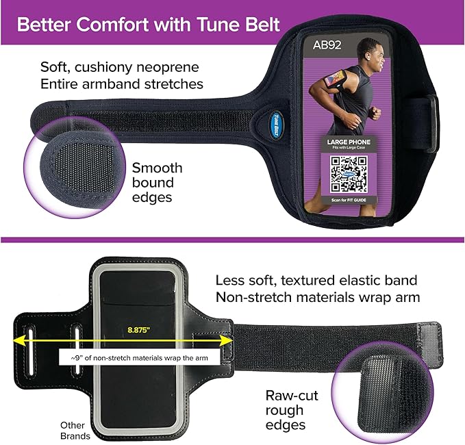 Tune Belt AB92EX3 Running Armband for iPhone 16/15/14/13 Pro Max, Plus, Galaxy Ultra/Plus/Note – Fits Large Phone with Large Case, Phone Holder Includes EX3 Strap Extender for XL Biceps (Black)-StrideForce Fitness