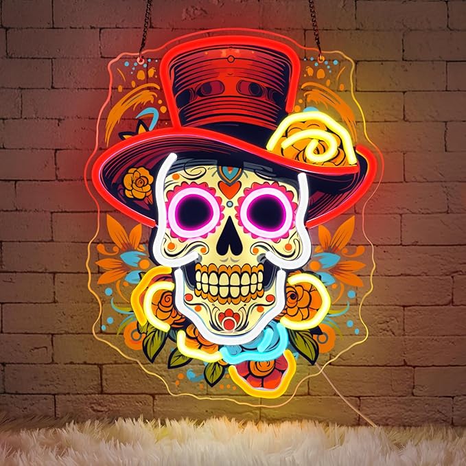 Day of the Dead Neon Sign - Mexican Sugar Skull LED Neon Light for Home & Bar Decor,UV Printed Art with Flexible LED Strip,Halloween & Día de Muertos Party Decoration (Red）-StrideForce Fitness