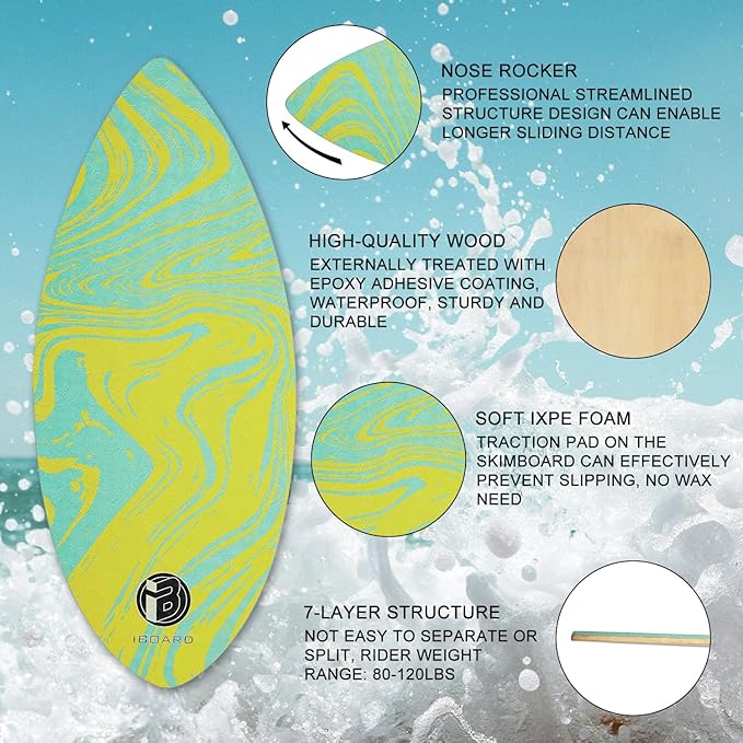 36” Skipper Skimboard with High Gloss Coat Wooden Skim Boards for Beginners, Teenagers and Adults Beach Skimboard 3 Color Traction Pad to Choose-StrideForce Fitness