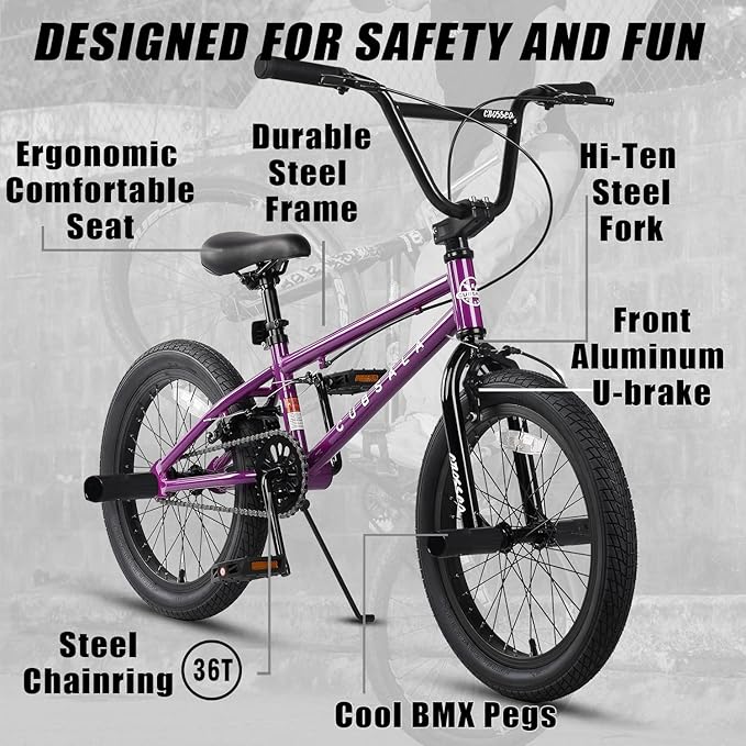 Freestyle BMX Bike, 18 20 Inch Kids Bicycle for 5-13 Years Old Kids and Beginner Level Rider, Multiple Colors-StrideForce Fitness