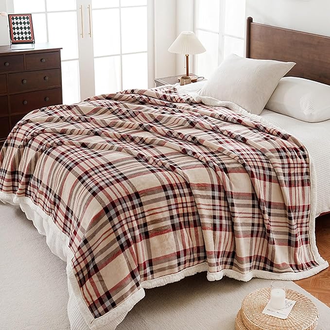 PU MEI Sherpa Fleece Throw Blanket 80" x 90" Reversible Plush Fluffy Large Big Blanket Lattice Flannel Blankets for All Season Use, Beige Stripe-StrideForce Fitness