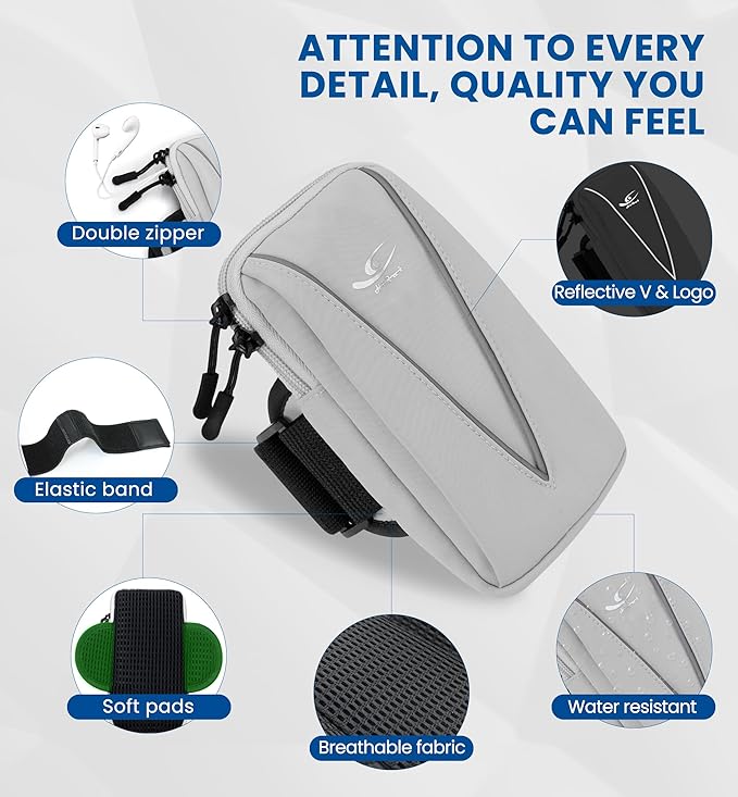 HiRui Cell Phone Holder Arm Bag & Wrist Bag for Phone, Sports Running Armband for Gym & Cycling, Compatible with iPhone 16/16Pro/Plus/15/14 Samsung Galaxy All Phones, Reflective & Adjustable (Gray)-StrideForce Fitness