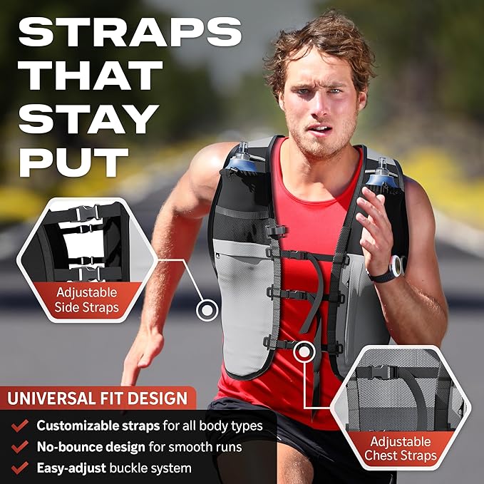 TakaFiTrail Running Hydration Vest Men - Breathable Trail Running Hydration Vest w/ 2 Water Bottles, Bladder Pouch, Ice Pack for Runners - Reflective Marathon Gear Jogging Backpack for Hiking-StrideForce Fitness