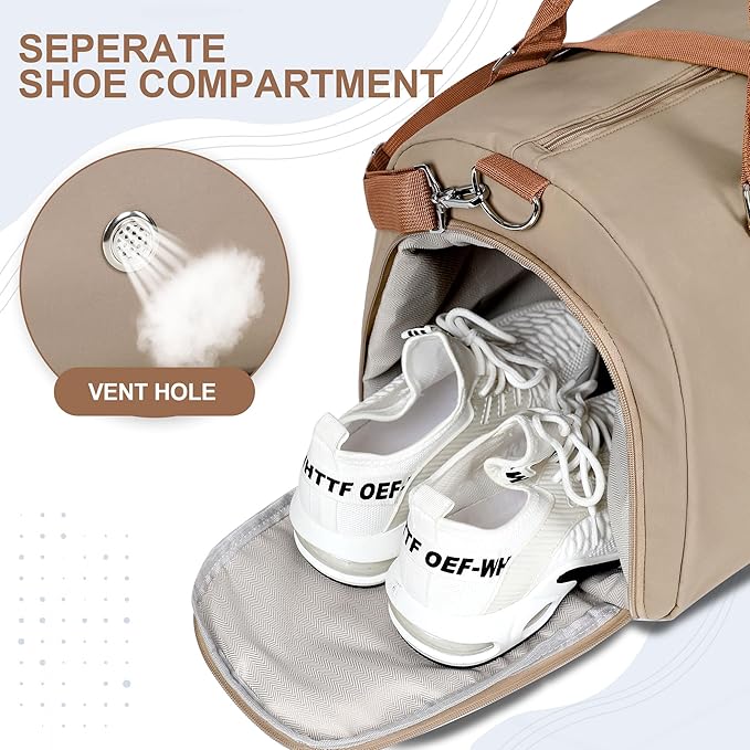 FIORETTO Womens Gym Tote Duffle Weekender Bag with Wet Pocket & Shoe Compartment, Ideal for Travel, Swimming, Dance, Khaki-StrideForce Fitness