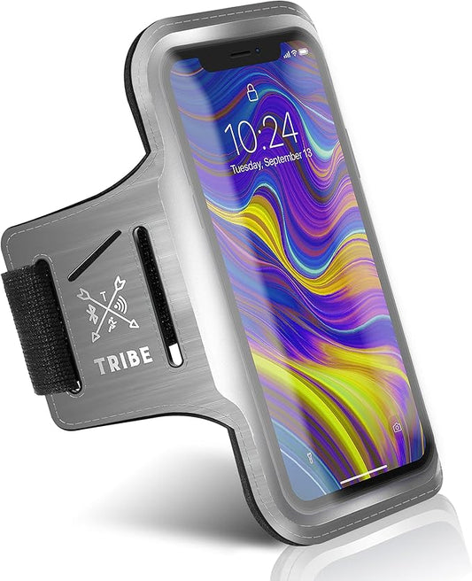TRIBE Running Phone Holder Armband. iPhone & Galaxy Cell Phone Sports Arm Bands for Women, Men, Runners, Jogging, Walking, Exercise & Gym Workout. Fits All Smartphones. Adjustable Strap, CC/Key Pocket-StrideForce Fitness