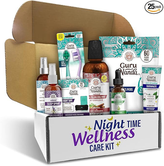 GuruNanda Nighttime Wellness Care Kit – Ashwagandha Oil Pulling, Hydroxyapatite Toothpaste, Magnesium Spray, Toothbrush, Floss Picks, Vitamin E Oil, & Sleep Spray