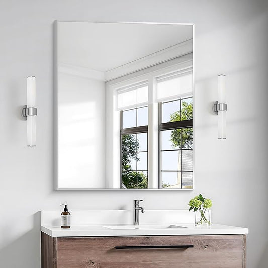 Silver Bathroom Mirror,30x36 inch Wall Mirror for Bathroom Wall Mounted,Rectangle Mirror for Bathroom Over Sink,Modern Metal Frame for Living Room,Bedroom Entryway,Horizontal/Vertical-StrideForce Fitness