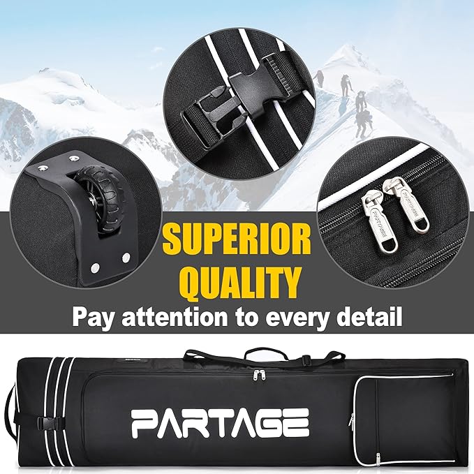 Partage Snowboard Bag with Wheels, Snowboard Bag for Air Travel, Adjustable Length Up to 170 cm, 600D Water Resistant Oxford -Black-StrideForce Fitness