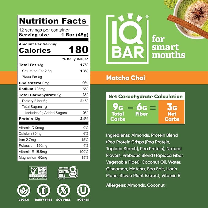 IQBAR Brain and Body Plant Protein Bars - Matcha Chai - 36-Count Low Carb - Gluten Free, High Fiber, Vegan Snacks - Low Sugar Meal Replacement-StrideForce Fitness