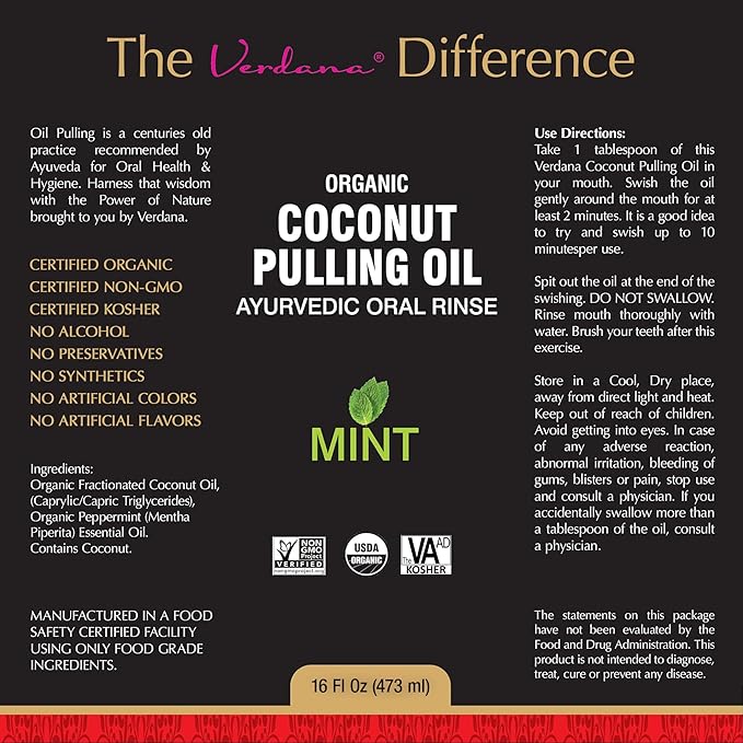 Verdana Organic Oil Pulling Mouthwash – 16 oz Mint – USDA Organic Coconut Oil Rinse for Teeth & Gums – Alcohol-Free, Fluoride-Free Natural Mouthwash for Fresh Breath & Gum Health