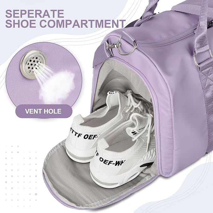 FIORETTO Womens Gym Tote Duffle Bag with Wet Pocket & Shoe Compartment, Sports Duffel Overnight Weekender Hospital Workout Carry on Bag for Girls, Ideal for Travel, Swimming, Dance, Ballet Purple-StrideForce Fitness