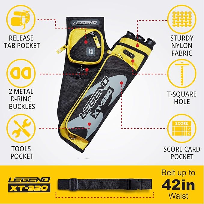LEGEND XT320 Archery Quivers - Nylon Hip Quivers with 3 Arrow Tube Cases for Target Shooting - Adjustable Waist Belt, T-Slot, Storage Compartments for Accessories, Gear, Tools, Release Tab, Score Card-StrideForce Fitness