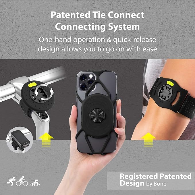 BONE Run + Bike Tie Connect Kit 1, 2-in-1 Running & Bike Phone Holder, Detachable & Rotatable 360° Sport Armband & Phone Mount Compatible with Most Smartphones (Stem/Armband 2-in-1 Connection Kit)-StrideForce Fitness