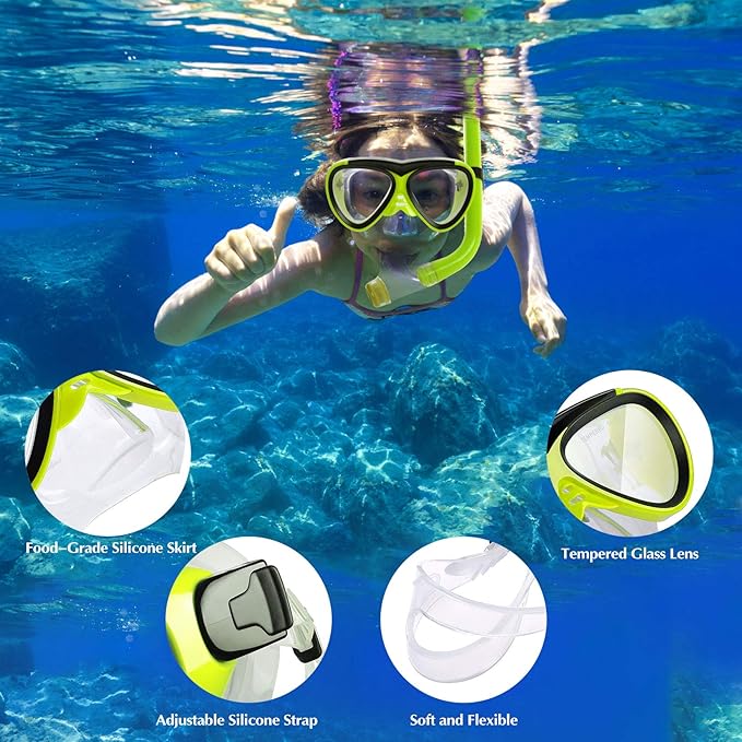 GreenLF Kids Snorkel Set, Anti-Fog Snorkeling Mask with Nose Covers for Youth Junior Child, Boys & Girls Age 5-12, Semi-Dry Diving Scuba Swimming Goggles Gear Packages-StrideForce Fitness