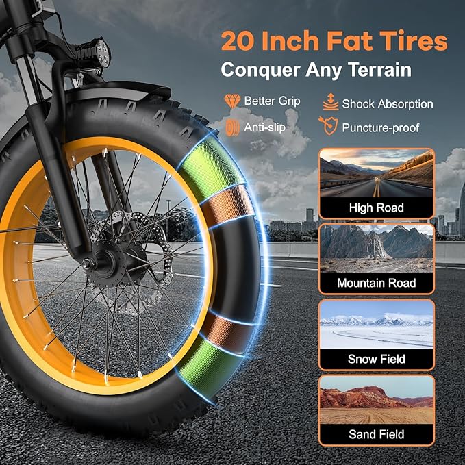 Folding Electric Bike for Adults with Peak 1000W Motor, 48V 20AH Battery up to 30MPH 80 Miles, 20" Fat Tire All Terrain Ebike, Front Suspension 7-Speed Commuter E Bike, Step-Thru, UL Certified-StrideForce Fitness
