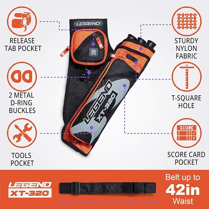 LEGEND XT320 Archery Quivers - Nylon Hip Quivers with 3 Arrow Tube Cases for Target Shooting - Adjustable Waist Belt, T-Slot, Storage Compartments for Accessories, Gear, Tools, Release Tab, Score Card-StrideForce Fitness