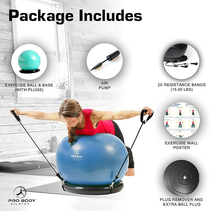 ProBody Pilates Yoga Ball Chair, Exercise Ball Chair with Base or Stand for Home Office Desk Sitting or Workout, 65cm Antiburst Balance & Stability Ball Seat, Large Gym Ball for Back, Abs-StrideForce Fitness