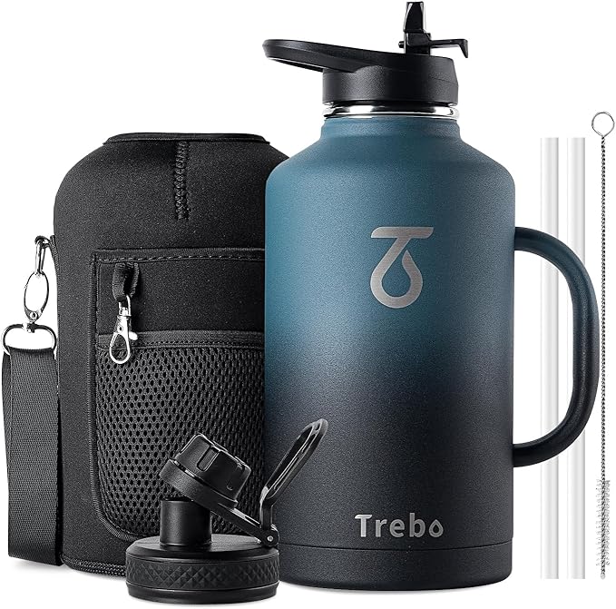 Trebo 64 oz Water Bottle Insulated with Handle, Half Gallon Stainless Steel Metal Large Jug, Travel Flask with Straw Spout Lid, Mug Tumbler Cup with Carry Pouch, Keep Cold Hot, Indigo Black-StrideForce Fitness