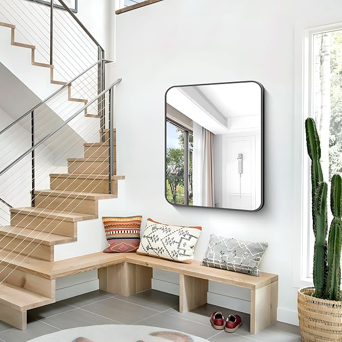 30x36 inch Bathroom Mirror,Black Rectangle Mirror,Wall Mounted Bathroom Frame Vanity Mirror with Round Corner for Bedroom Living Room, Entryway Hangs Horizontal or Vertical-StrideForce Fitness