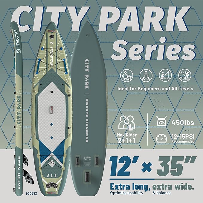 City Park 12'×35" Extra Wide Paddle Board with Seat, One-Stop Premium SUP Board Gears, Tailored 5 Fins, Stable Inflatable Stand Up Paddle Boards for Youth/Adults of All Levels-StrideForce Fitness