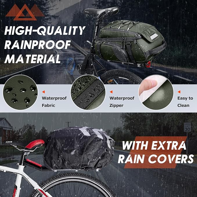 RAINSMORE Bike Bags for Bicycle Rear Rack 15L Waterproof Bike Ebike Trunk Pannier Saddle Bag with Rain Cover Bike Accessories Backpack Shoulder Bag for Commuter Travel Outdoor, Green-StrideForce Fitness