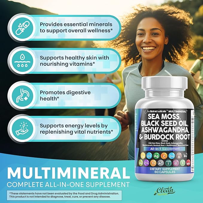 Clean Nutraceuticals Sea Moss Black Seed Oil Ashwagandha Turmeric Bladderwrack Burdock & Vitamin C Vitamin D3 with Elderberry Manuka Dandelion Yellow Dock Iodine Chlorophyll ACV-StrideForce Fitness