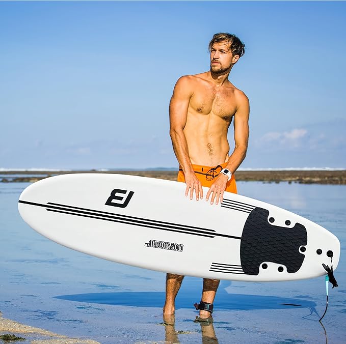 FLOWBOARD Surfboard Softboard Foam - Include (3) Fins 6’ Foot Leash and (2) Wood Stringers Inside Board Availalable in 6' and 7' Short Board and 8' Longboard-StrideForce Fitness