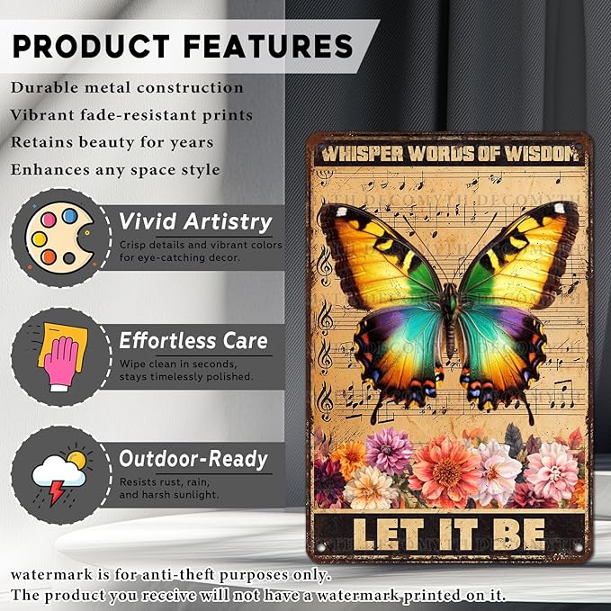 Vintage Garden Tin Sign Whisper Words Of Wisdom Let It Be Retro Butterfly Metal Poster Funny Wall Art Cafe Office Wall Decor for Kitchen Home Bar Pub Club 12 * 8inch-StrideForce Fitness
