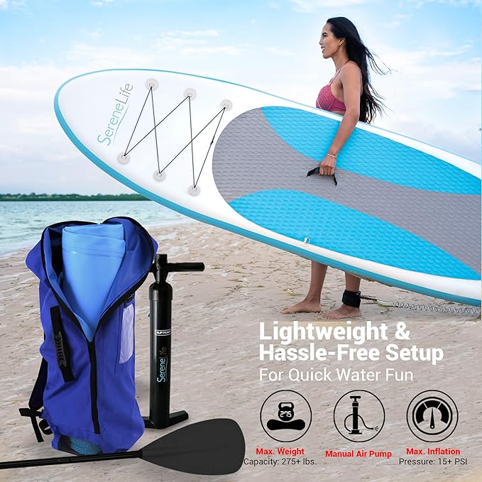 SereneLife Inflatable Stand Up Paddle Board with Premium SUP Accessories – Wide Stable Design with Non-Slip EVA Deck Pad for Adults and Youth of All Skill Levels-StrideForce Fitness