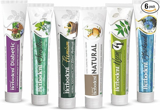 Amazing Toothpaste Mix Pack 3.53oz -| Herbodent® Natural, Premium, Sensitive, Blackseed, Diabetic and NEEM 7 in 1 Toothpaste- with Natural Remedies for Your Gum and Teeth Variety Pack of 6