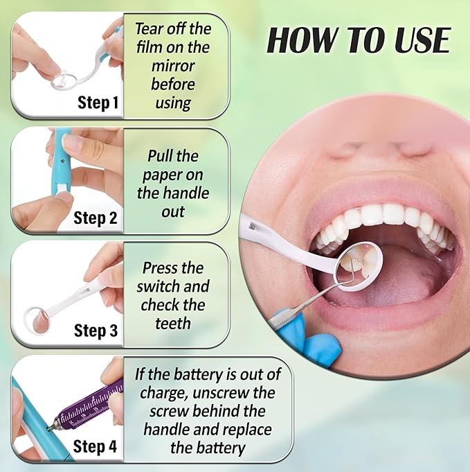 LED Dental Mirror with Light – Oral Inspection Tool for Teeth, Gums & Tongue – Anti-Fog Reusable Mouth Mirror for Home Dental Care, Hygiene Check & Oral Cleaning – Dentist Tool by ARSUK – 2 Pack