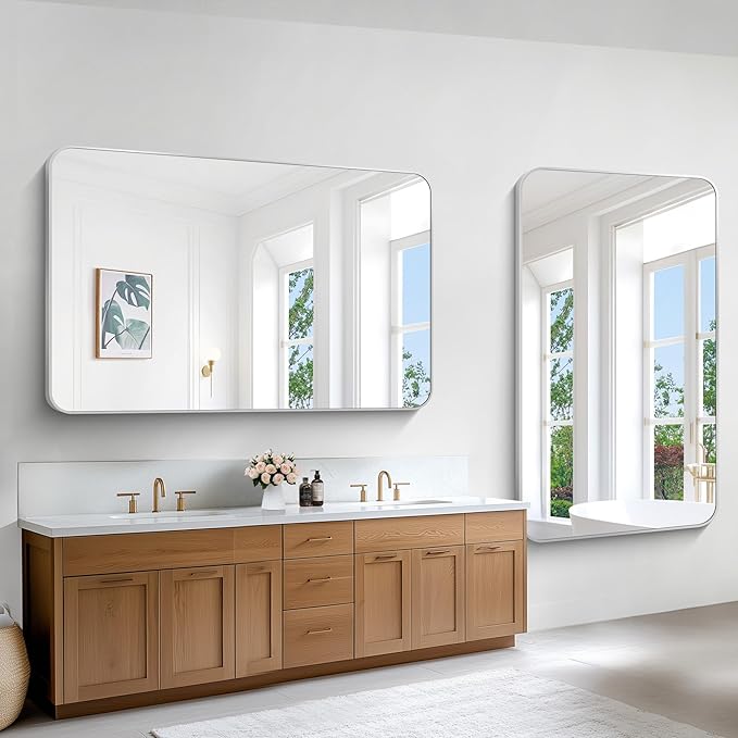 Silver Bathroom Mirror,60x36 inch Wall Mirror for Bathroom Wall Mounted,Rectangle Mirror for Bathroom Over Sink,Modern Frame Round Corner for Living Room,Bedroom Entryway,Horizontal/Vertical-StrideForce Fitness
