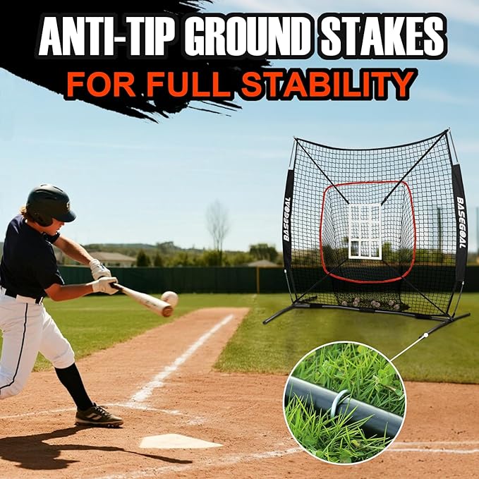 6'×6' Baseball Softball Practice Net,Baseball Backstop,with Batting Tee,Ball Caddy,for Hitting Pitching Batting Catching with Bow Frame,Bonus Strike Zone,Target,Portable and Foldable-StrideForce Fitness