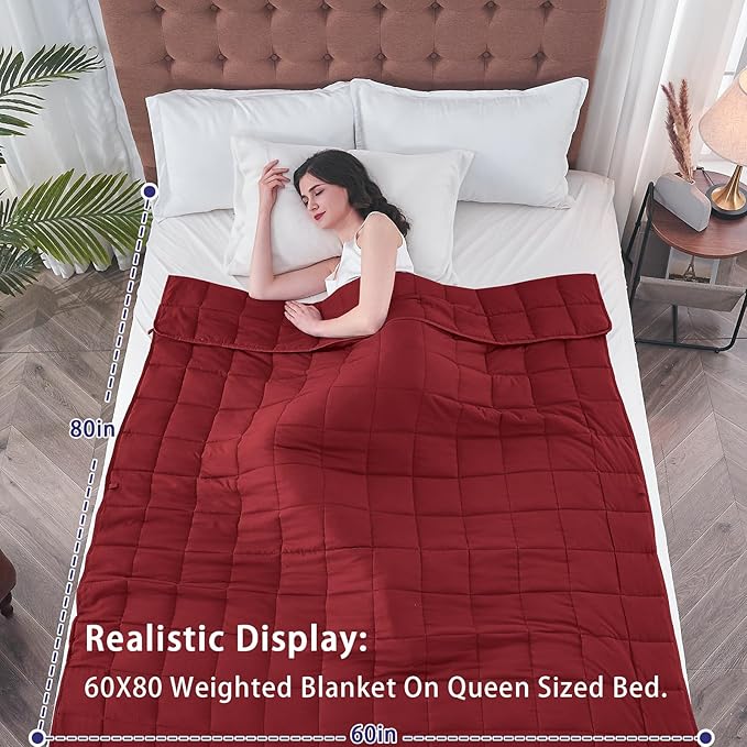 yescool Weighted Blanket for Adults (25 lbs, 60" x 80", Red) Cooling Heavy Blanket for Sleeping Perfect for 240-260 lbs, Queen Size Breathable Blanket with Premium Glass Bead, Machine Washable-StrideForce Fitness